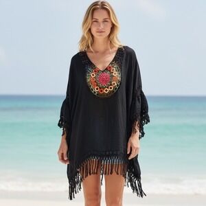 Beach By Exist Black Crochet Medallion Fringe Kaftan Swim Cover Up Boho L/XL